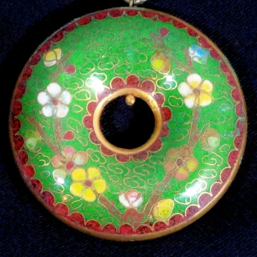 Vintage Oversized Green Cloisonne Pendant Necklace